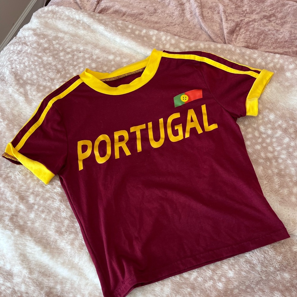 Vintage Portugal Cropped T-Shirt - Maroon and Yellow